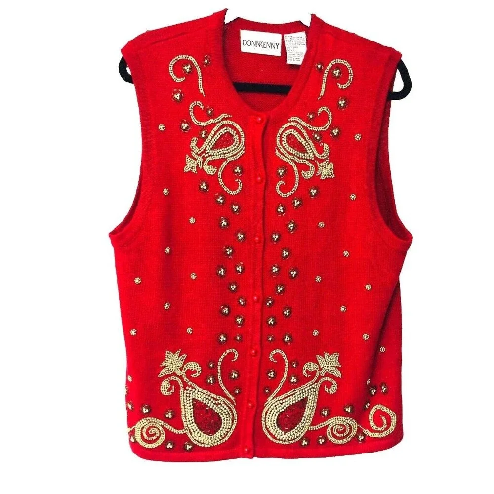 VTG Donnkenny Red Sweater Vest Women's L Hand Beaded‎ Embellished Christmas Nana